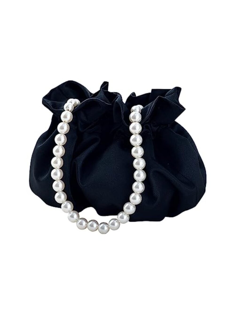 Satin Bucket Bag Wristlet Purse with Faux Pearl Chain Mini Hobo Handbag
